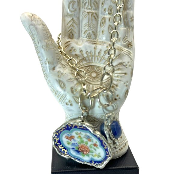 Broken China & Sodalite Charm Bracelet with Artisan Silver-Blend Boho Metalwork - Picture 5 of 17